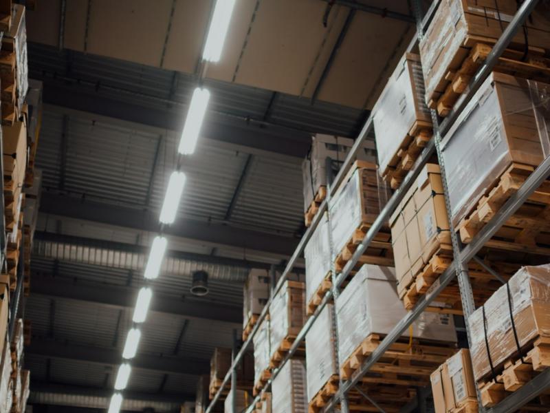 Pallets of boxed inventory on warehouse racking